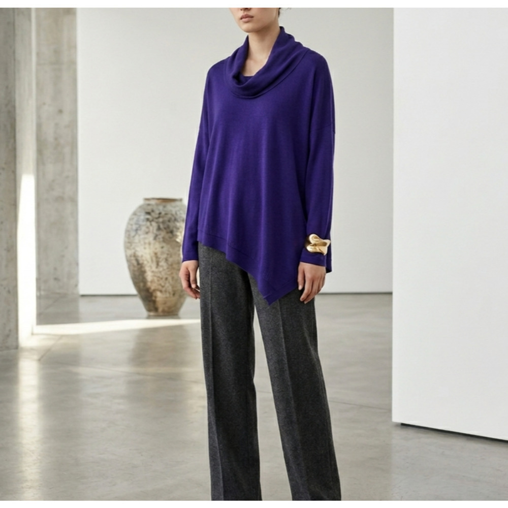 Eileen Fisher Italian Merino Wool Cowl Neck Sweater Size Medium Blue Violet Soft